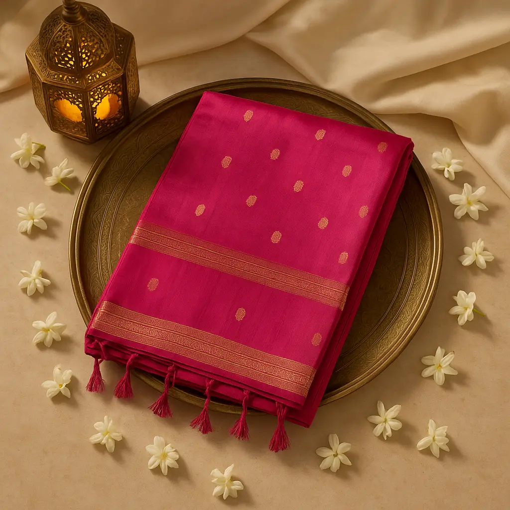 Elegant Fuchsia Silk Saree with Traditional Gold Zari Border