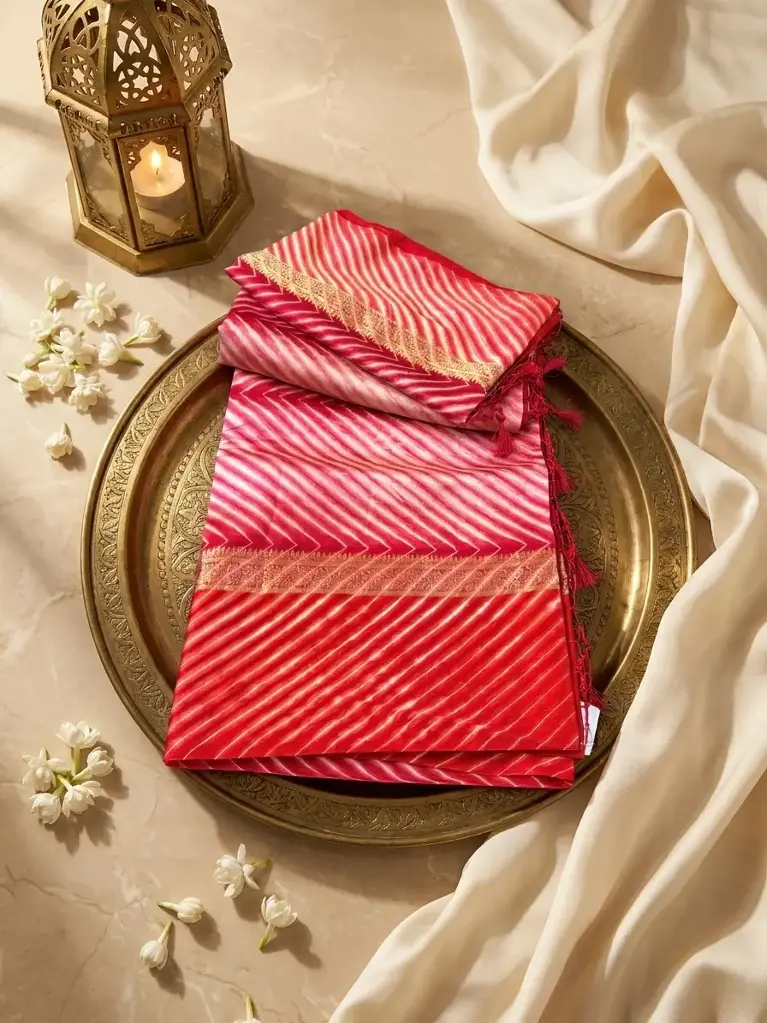 Crimson Red Leheriya Pure Silk Saree with Zari Border