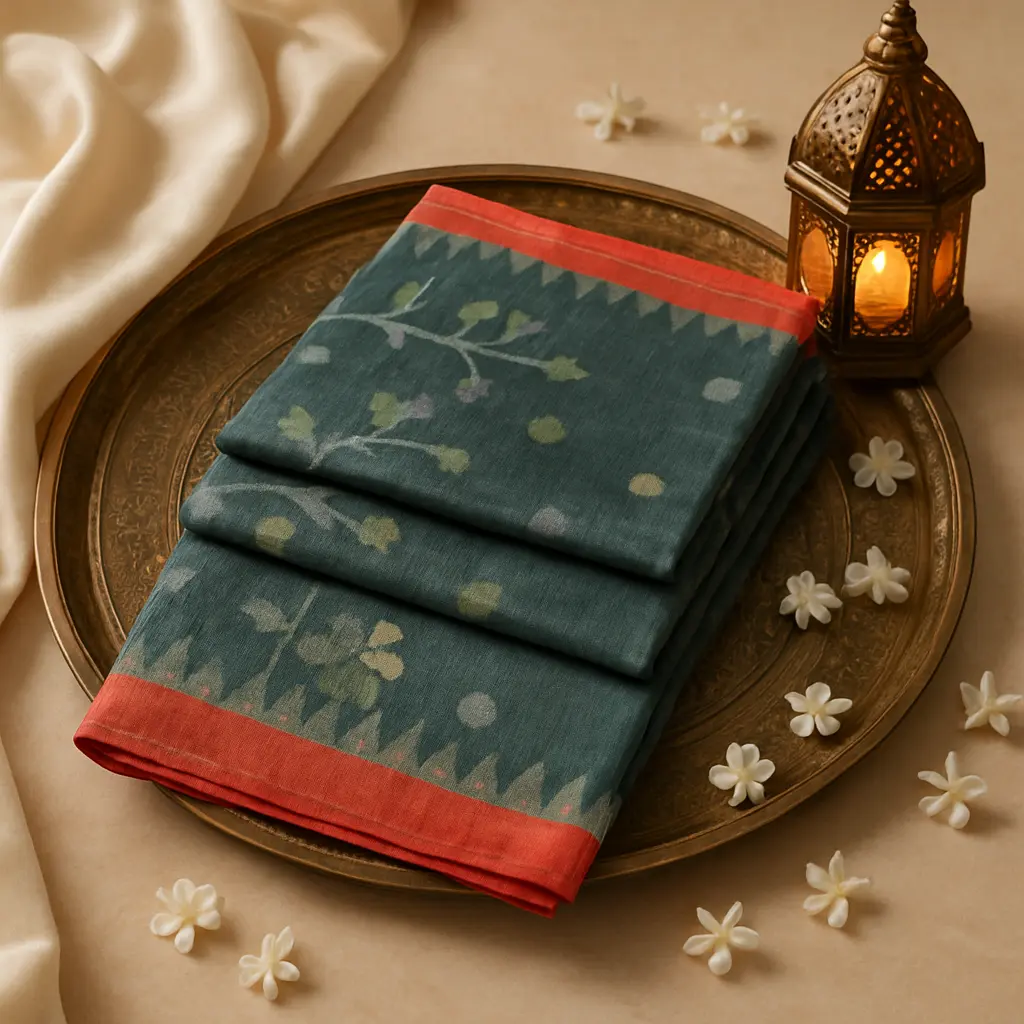 Elegant Forest Green Floral Patterned Designer Linen Saree