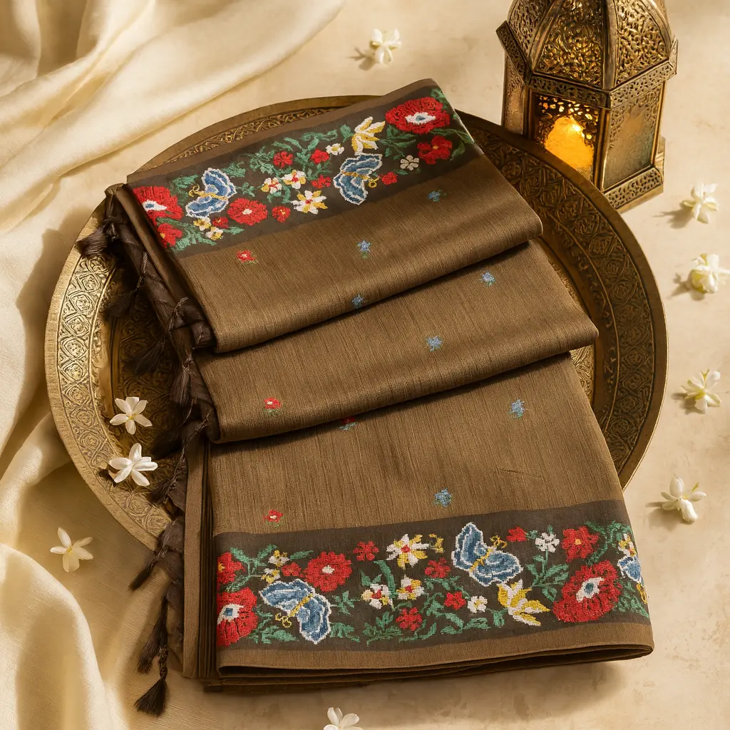 Elegant Brown Floral Embroidered Saree with Butterfly Motifs