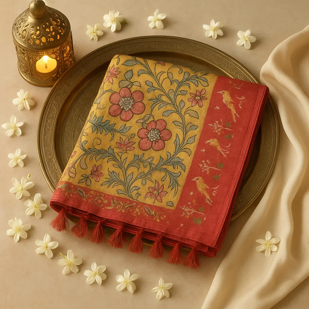 Elegant Mustard and Red Floral Handloom Silk Saree 