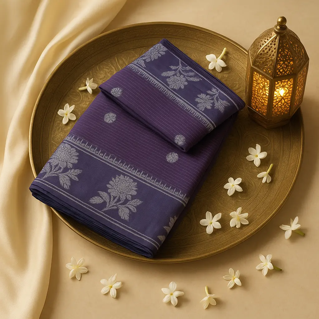 Elegant Deep Purple Silk Saree with Silver Zari Border