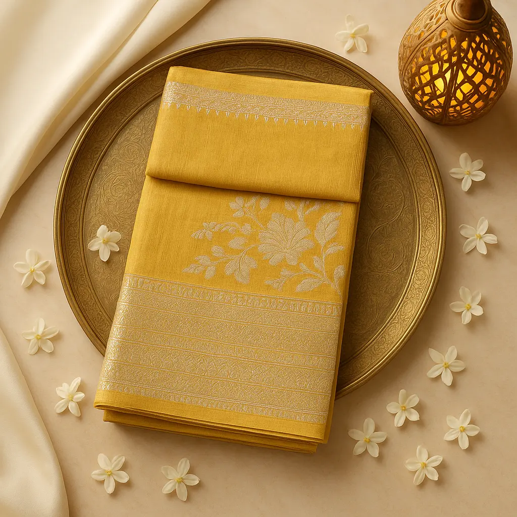 Radiant Mustard Yellow Banarasi Saree With Silver Zari Work