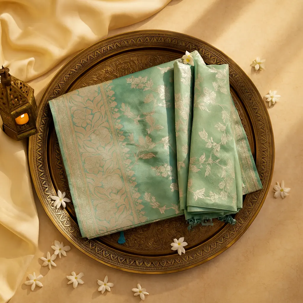 Elegant Teal and Green Shimmering Silk Saree