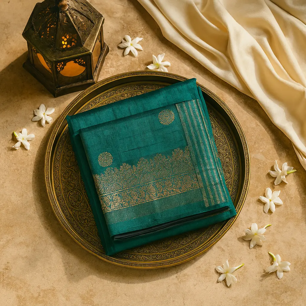 Elegant Teal Green Silk Saree with Traditional Gold Zari Work
