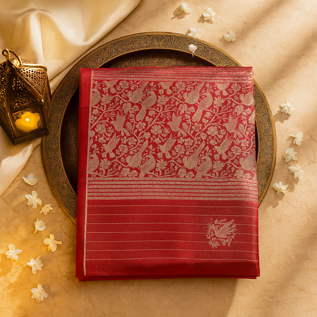 Exquisite Red Silk Saree with Intricate Bird Motif Weaving