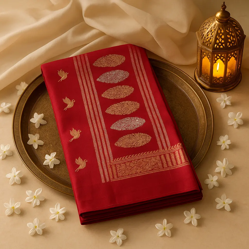 Exquisite Red Silk Saree with Elegant Bird Motif Embroidery 