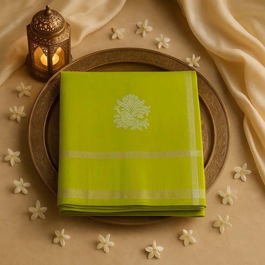Lime Green Silk Saree with Silver Zari Peacock Motifs