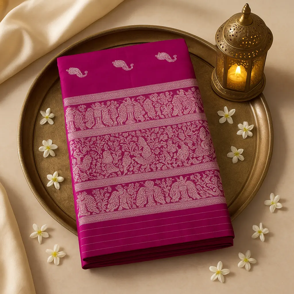 Elegant Fuchsia Silk Saree with Intricate Silver Peacock Motifs