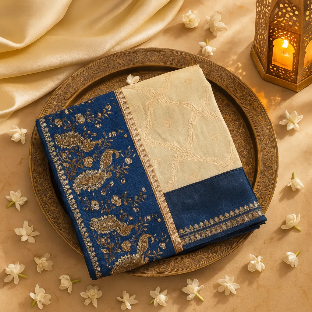 Elegant Royal Blue and Off-White Paisley Silk Blend Saree
