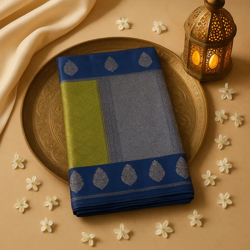 Elegant Royal Blue & Olive Green Designer Zari Saree