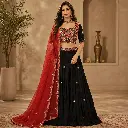 Women's Black Lehenga Choli with Red Dupatta and Mirror Work Blouse