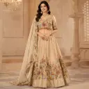 Women's Beige Multicolor Embroidered Lehenga Choli with Dupatta for Weddings and Festive Party Wear