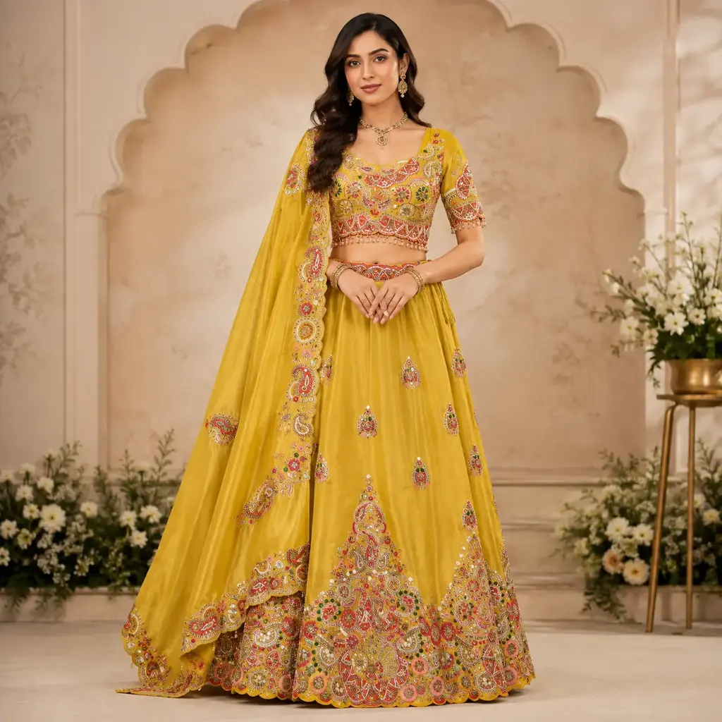 Women's Mustard Yellow Embroidered Lehenga Choli with Designer Blouse and Dupatta
