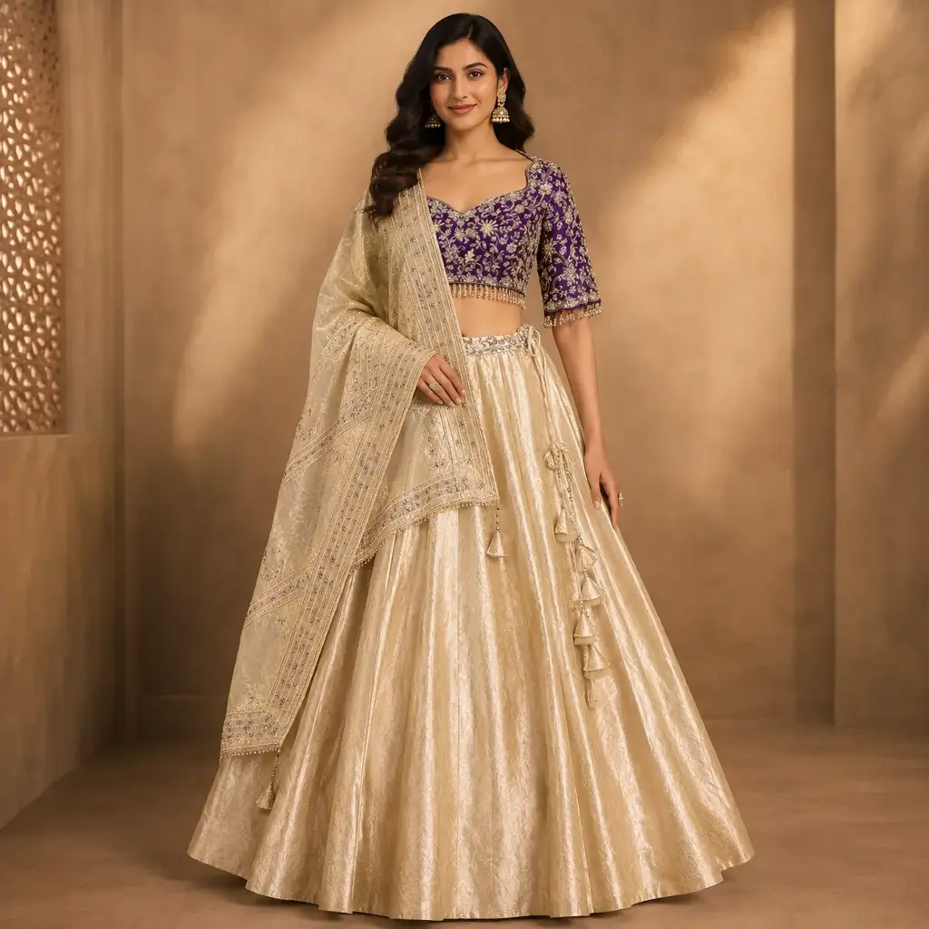 Women's Champagne Gold Lehenga Choli with Purple Embroidered Blouse, Dupatta