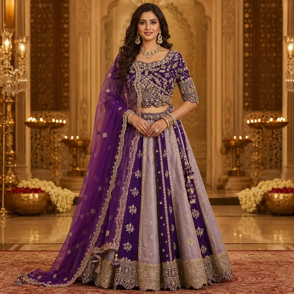 Women's Purple Embroidered Lehenga Choli with Half-Sleeve Blouse & Dupatta
