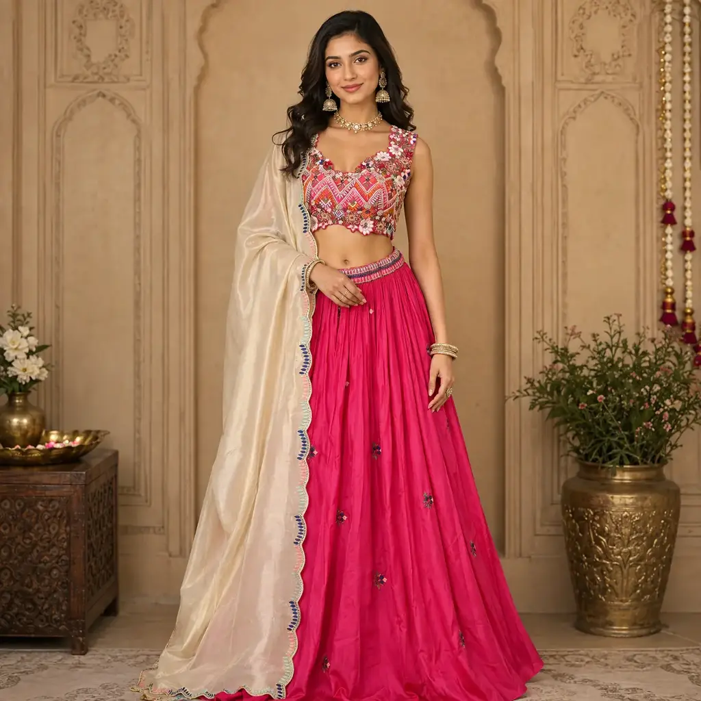 Women's Pink Embroidered Lehenga Choli with Designer Blouse and Cream Dupatta