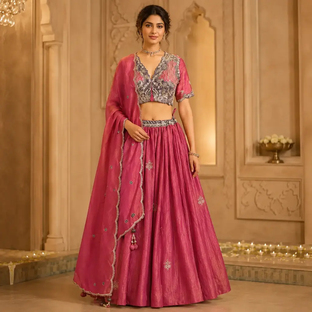 Women's Pink Embroidered Lehenga Choli with Designer Blouse and Matching Dupatta