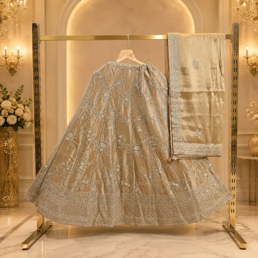 Women’s Champagne Gold Embroidered Lehenga with Dupatta, Heavy Sequin Zari Work, Floral Design
