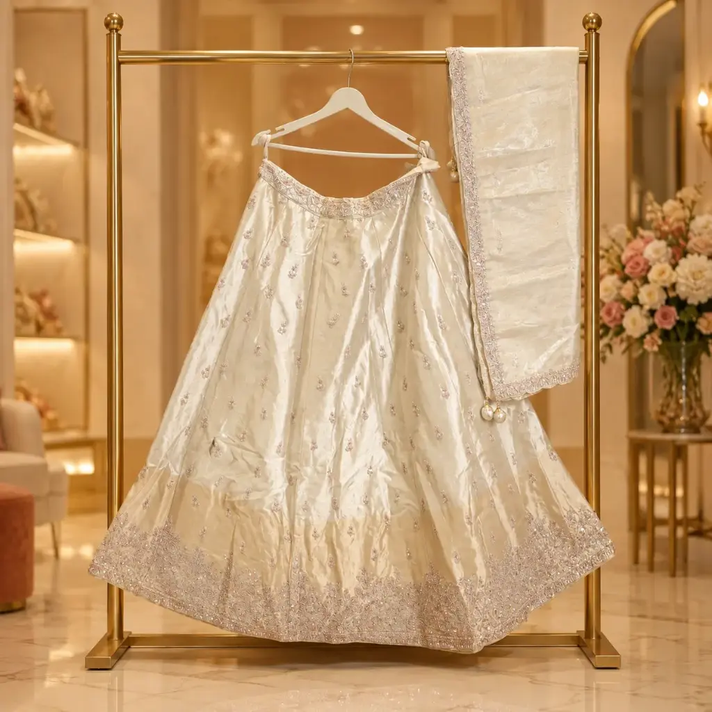 Women’s Ivory Embroidered Lehenga with Dupatta, Sequin n Zari Work, Heavy Border