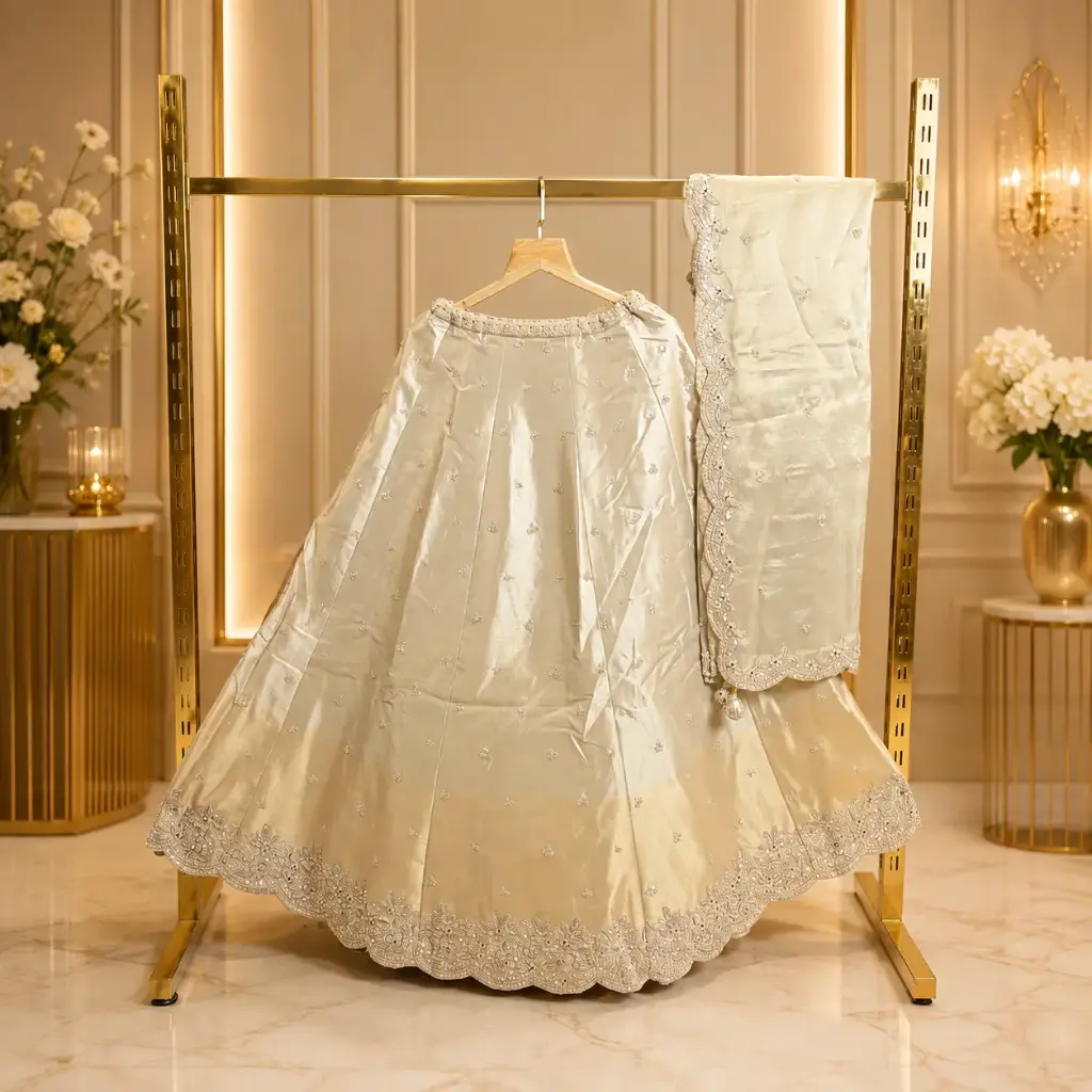 Women’s Ivory Gold Embroidered Lehenga with Dupatta, Sequin Zari Work, Scalloped Border