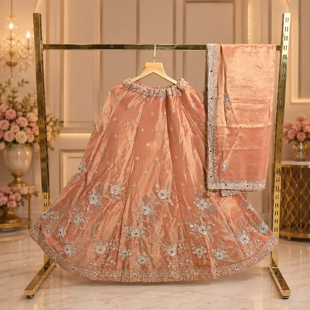 Women’s Peach Embroidered Lehenga with Dupatta, Floral Sequin n Zari Work, Heavy Border