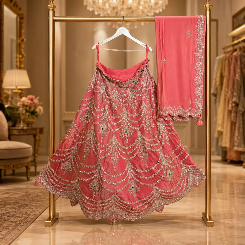 Women’s Coral Pink Embroidered Lehenga with Dupatta, Heavy Zari Sequin Work, Scalloped Border