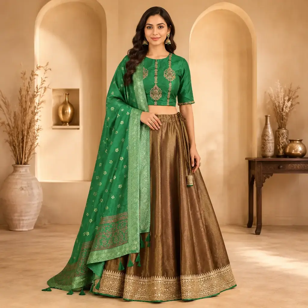 Women's Green and Bronze Lehenga Choli with Dupatta