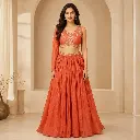 Women's Rust Orange Embroidered Lehenga Choli with One-Sleeve Blouse