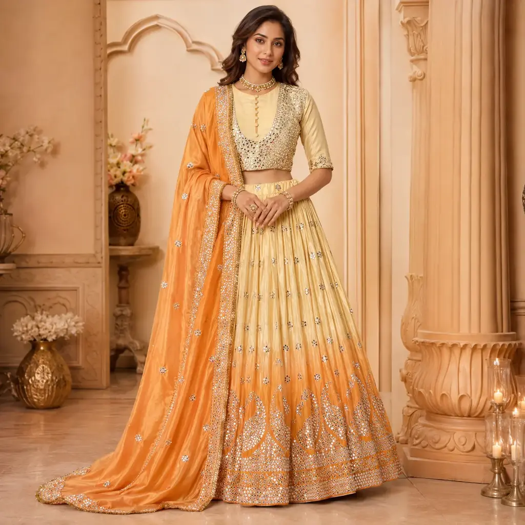 Women's Peach & Cream Embroidered Lehenga Choli with Mirror Work Dupatta