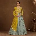 Women's Mustard Yellow Embroidered Lehenga Set with Asymmetric Top and Grey Flared Skirt