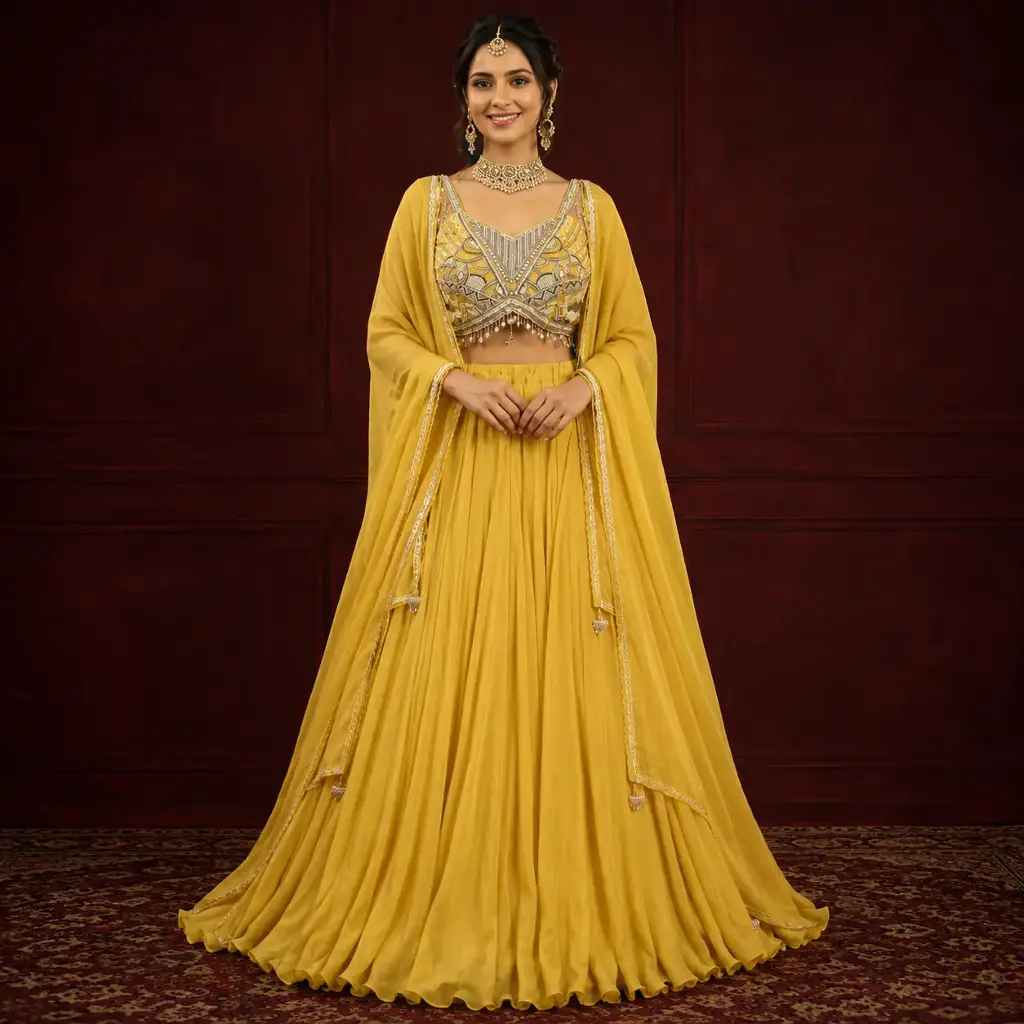Women's Mustard Yellow Mirror Work Lehenga Choli with Dupatta
