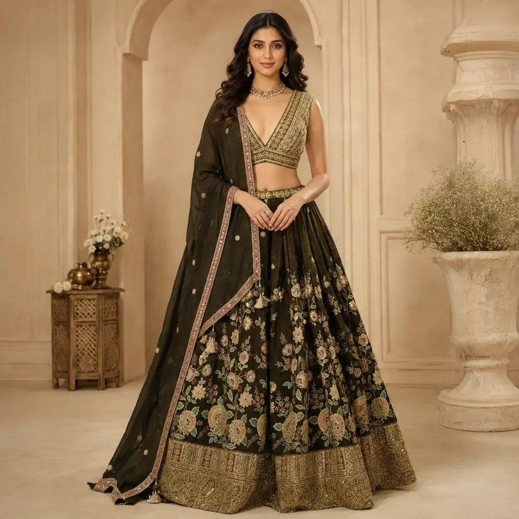 Women's Olive Green Embroidered Lehenga Choli with Dupatta for Wedding, Sangeet n Festive Party Wear
