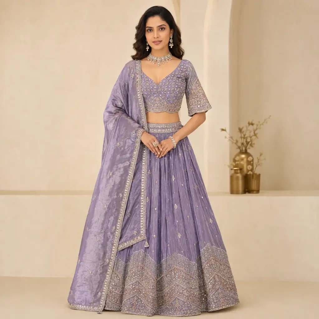 Women's Lavender Embroidered Lehenga Choli with Dupatta for Weddings, Sangeet and Festive Party Wear