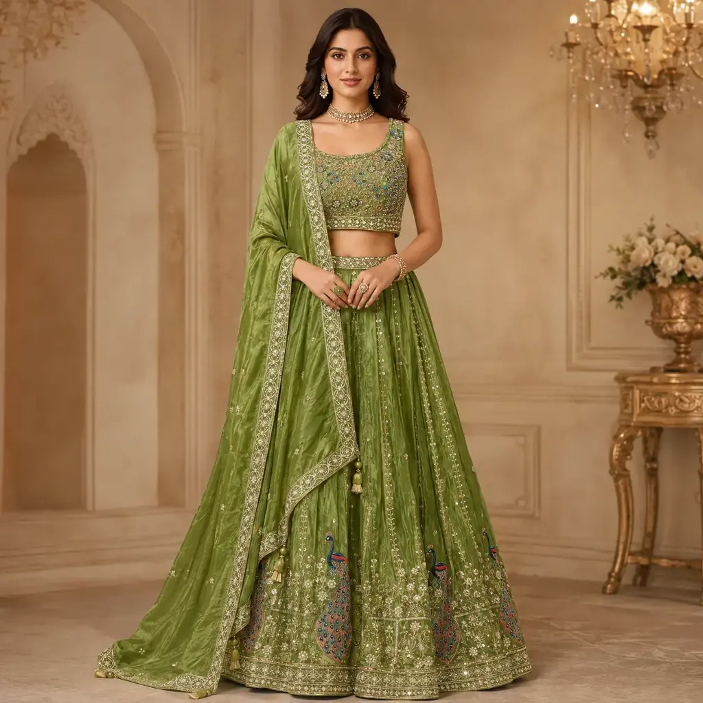 Women's Mehendi Green Embroidered Lehenga Choli with Peacock Work and Matching Dupatta
