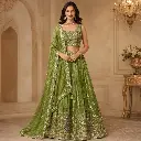 Women's Mehendi Green Embroidered Lehenga Choli with Peacock Work and Matching Dupatta