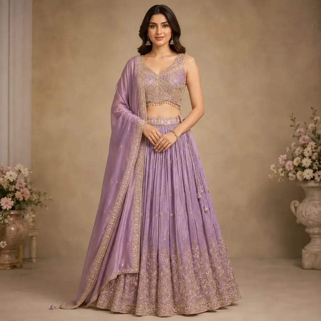 Women's Lavender Embroidered Lehenga Choli with Dupatta for Weddings, Sangeet and Festive Party Wear