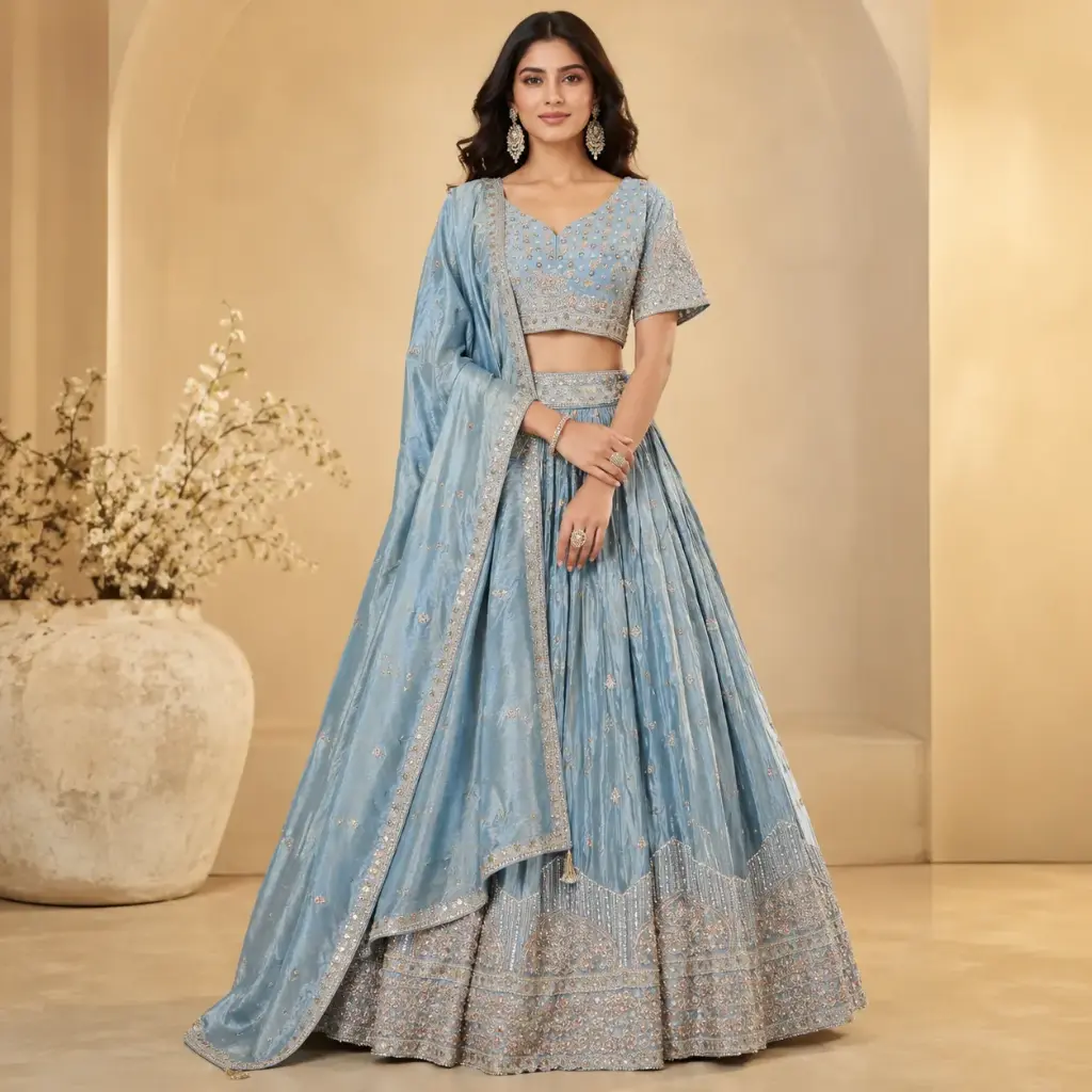 Women's Sky Blue Embroidered Lehenga Choli with Dupatta for Weddings, Sangeet and Festive Party Wear