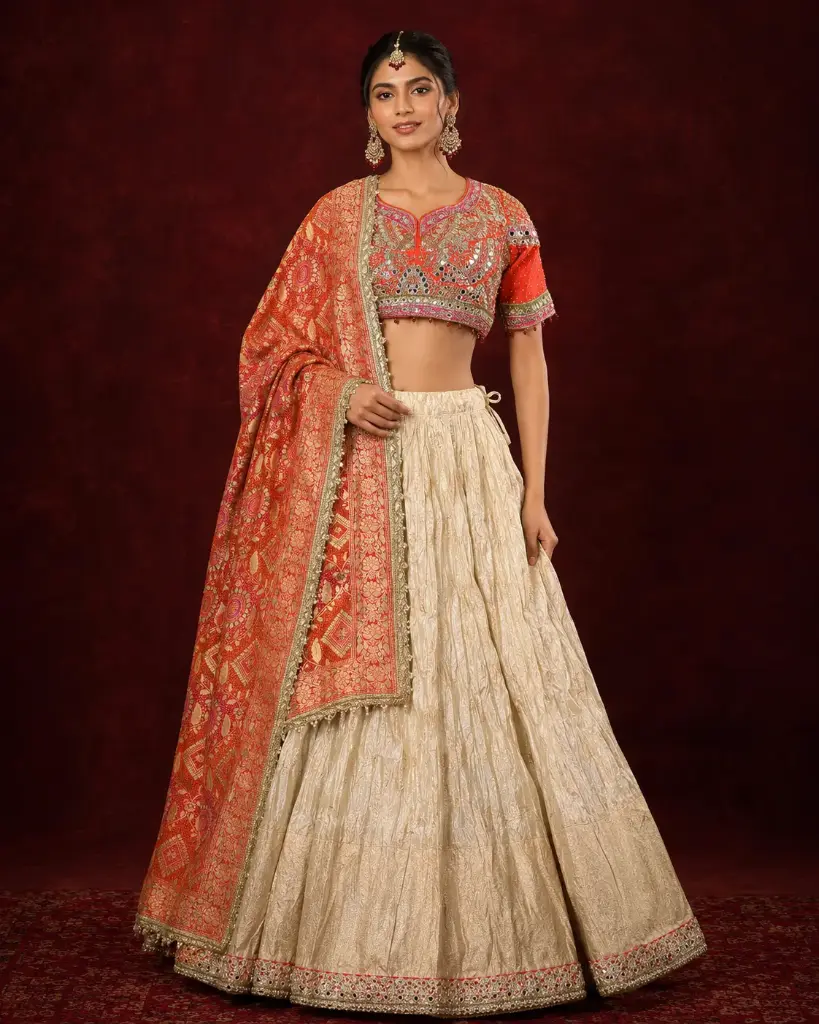 Women's Cream Lehenga Choli with Red Embroidered Blouse and Printed Dupatta for Wedding Festive Wear