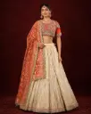 Women's Cream Lehenga Choli with Red Embroidered Blouse and Printed Dupatta for Wedding Festive Wear