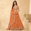 Womens Orange Embroidered Lehenga Choli Set with Matching Dupatta for Wedding and Festive Party Wear