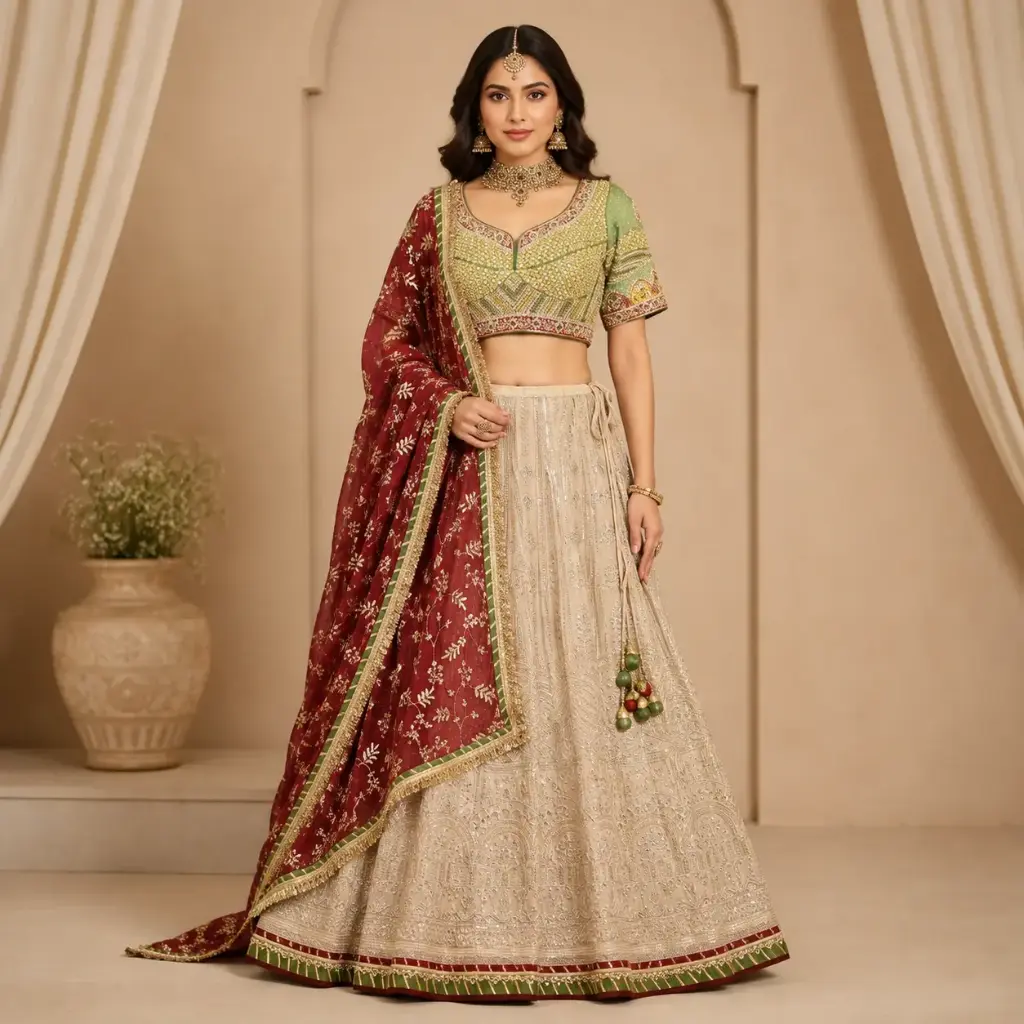 Women's Beige Embroidered Lehenga Choli with Green Blouse, Maroon Dupatta for Wedding and Party Wear