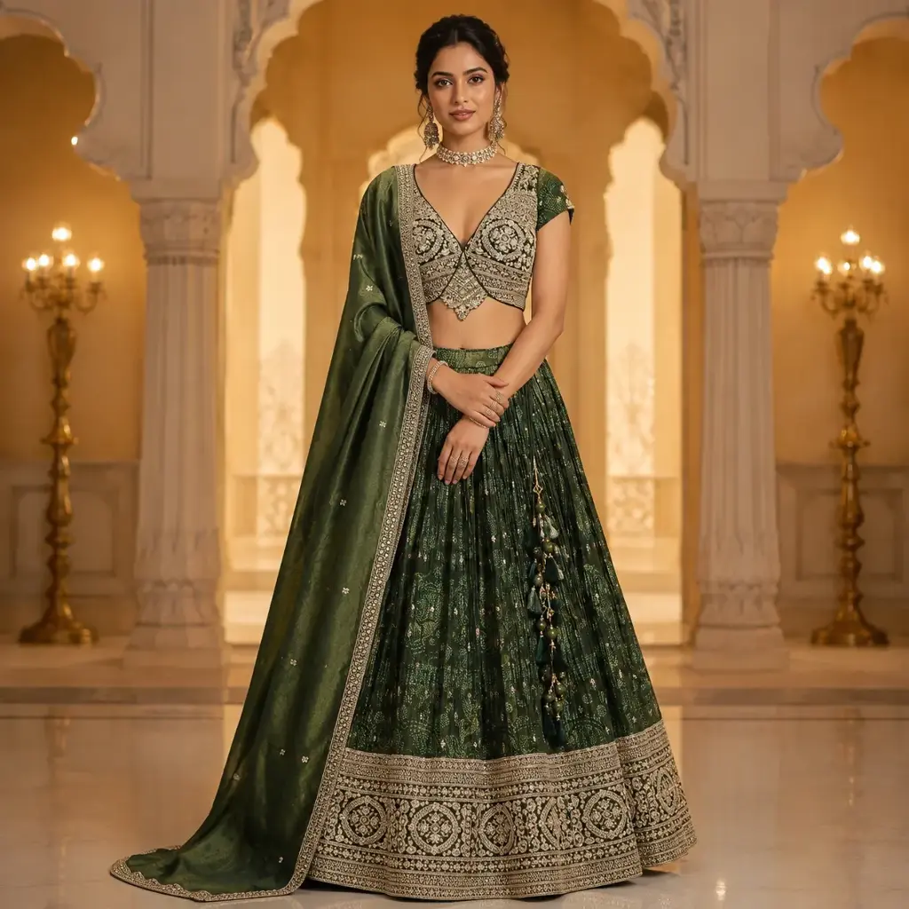 Women's Dark Green Embroidered Lehenga Choli with Designer Blouse and Dupatta