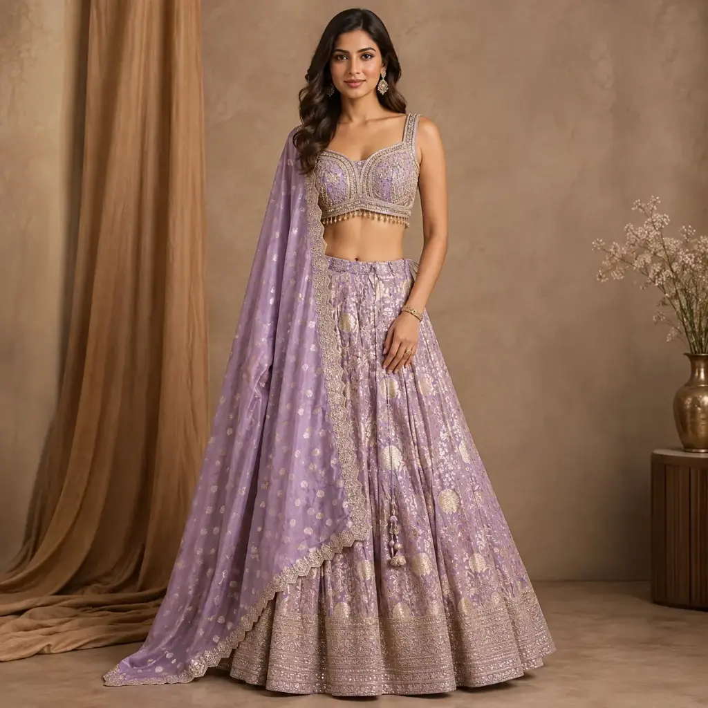 Women's Lavender Embroidered Lehenga Choli with Dupatta for Weddings, Sangeet and Festive Party Wear