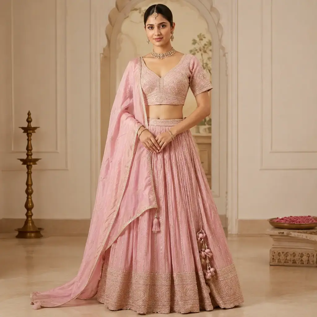 Women's Blush Pink Embroidered Lehenga Choli Set with Dupatta for Weddings, Sangeet and Festive Wear
