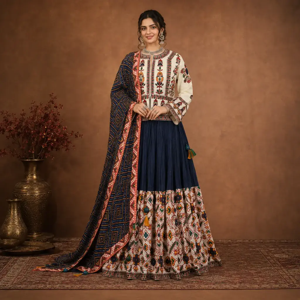 Women's Navy Ivory Printed Lehenga Choli Set with Long-Sleeve Top and Dupatta