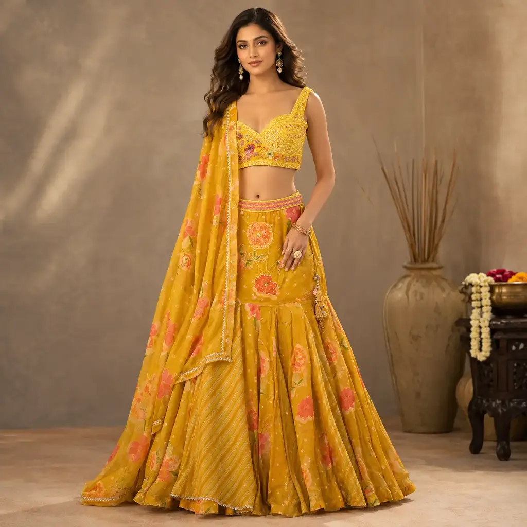 Women's Mustard Yellow Floral Lehenga Choli with Embellished Blouse and Dupatta