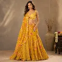 Women's Mustard Yellow Floral Lehenga Choli with Embellished Blouse and Dupatta