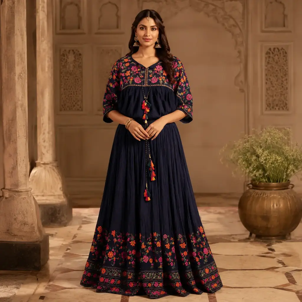 Women's Navy Blue Floral Embroidered Lehenga Choli Set with Peplum Blouse