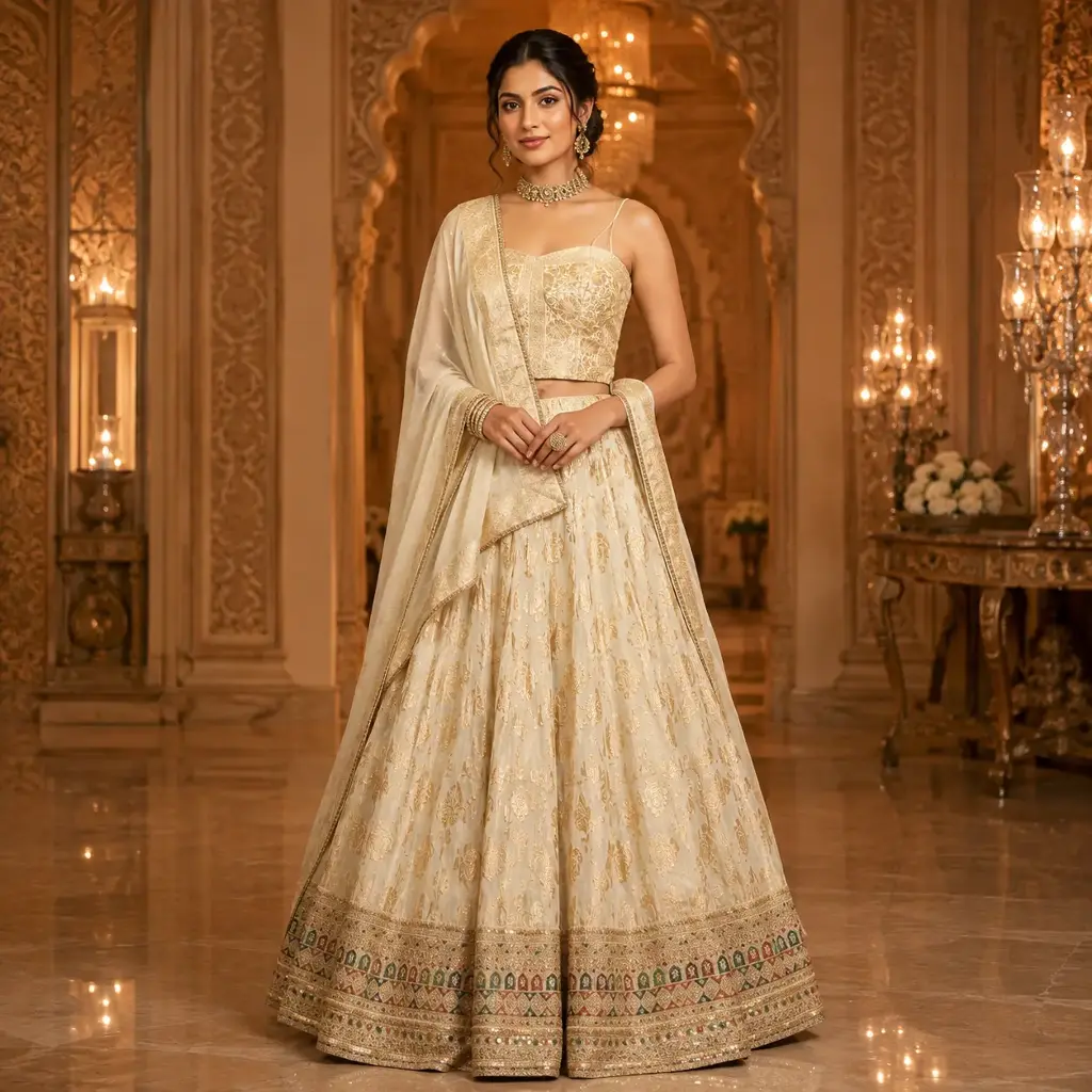 Women's Ivory Gold Floral Lehenga Choli Set with Strappy Blouse and Dupatta